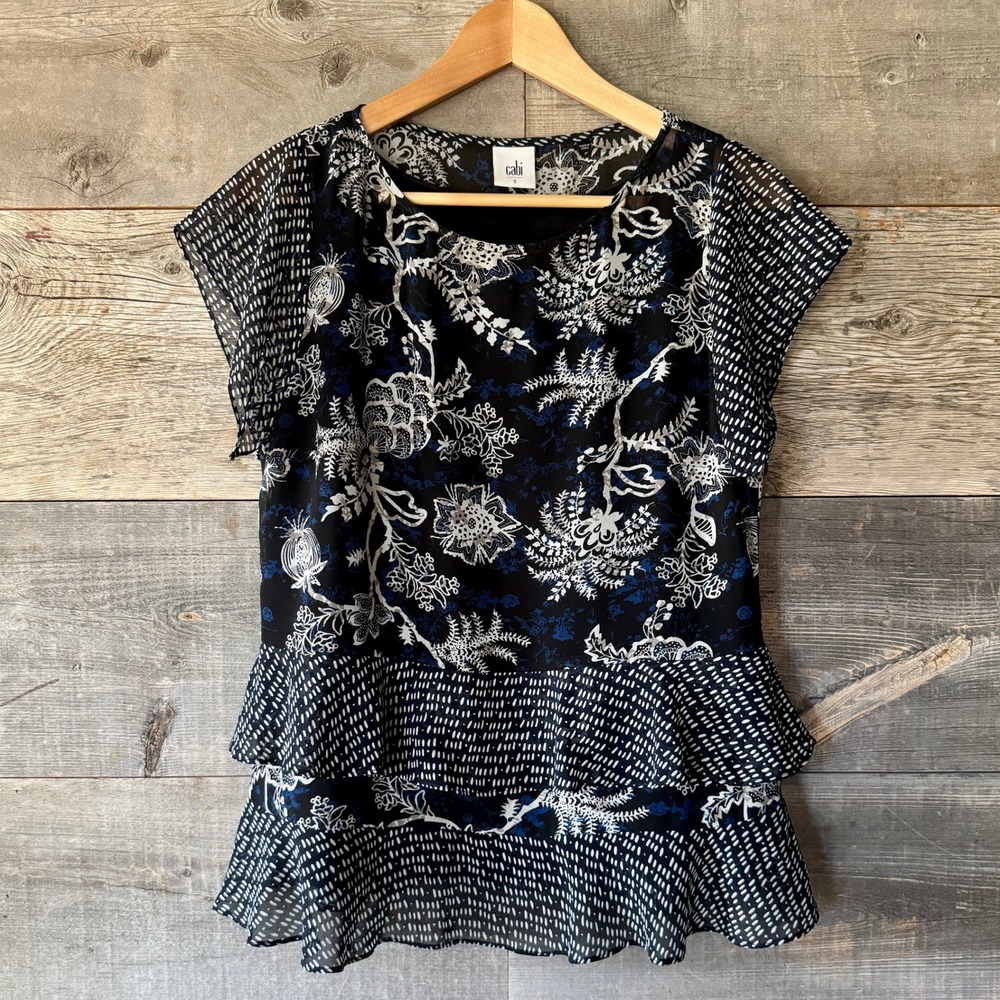 Cabi Womens‎ Floral Print Tiered Ruffle Hybrid Blouse S Black Sheer Sleeves 5355